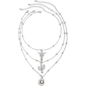 Women's Vintage Layered Necklaces Set: Evil Eye, Bull Head & Crescent Moon